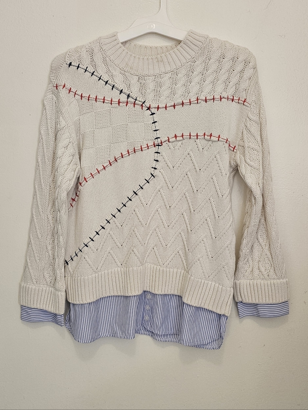 Pilcro Cable Knit Crewneck Twofer Baseball Sweater - Picture 2 of 4